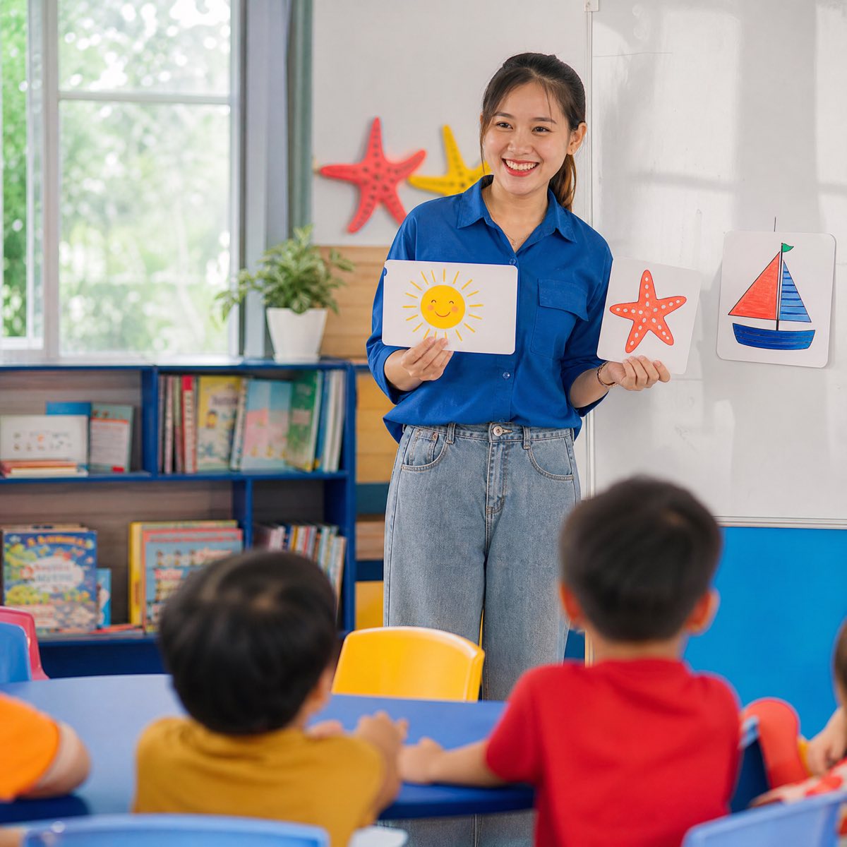 Cô giáo Sao Biển English cầm thẻ hình mặt trời và sao biển trong lớp học tiếng Anh nhiều màu sắc