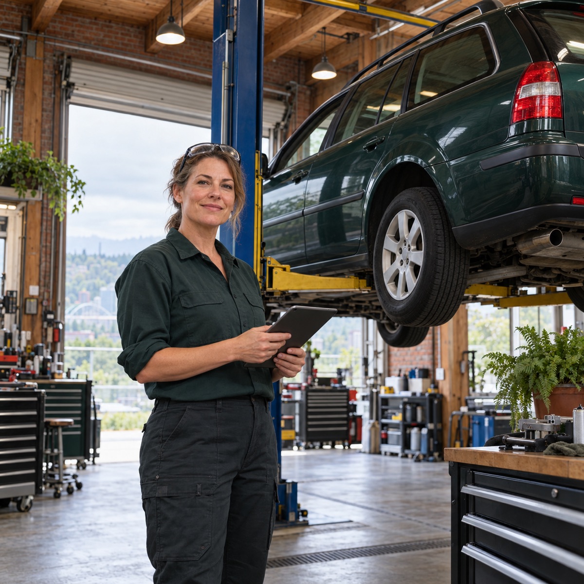 Jen Halvorsen, Ironwood's owner and ASE master technician, holds a tablet beside a green station wagon on a lift in the bright brick-and-timber shop