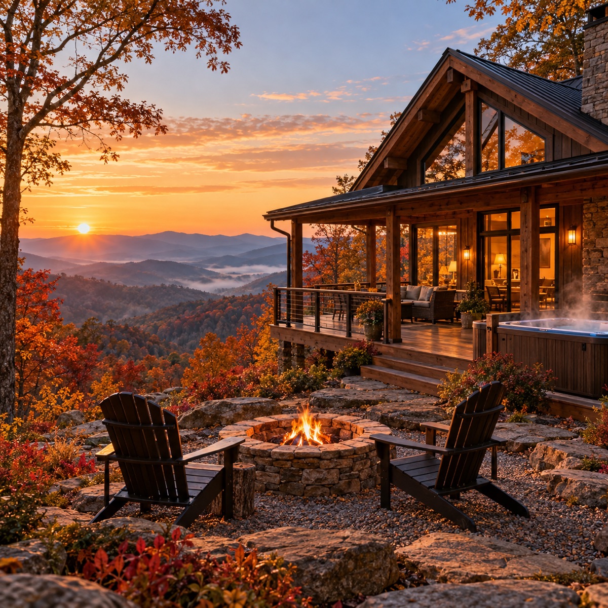 A cedar cabin with a steaming hot tub and covered porch on a Blue Ridge ridge at sunset in October, two Adirondack chairs around a stone fire pit