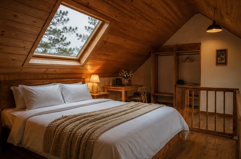 The Loft: a king bed with white linens and a knit throw beneath a sloped pine ceiling, with a skylight framing pine branches