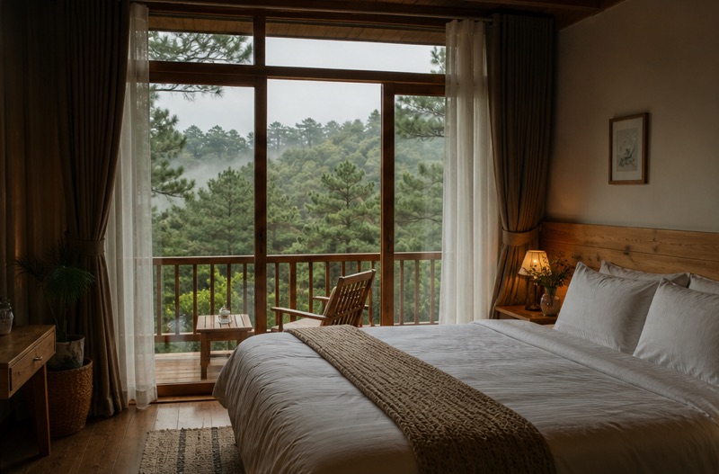 The Overlook: a king bed facing floor-to-ceiling glass doors that open onto a wooden balcony above misty pine forest