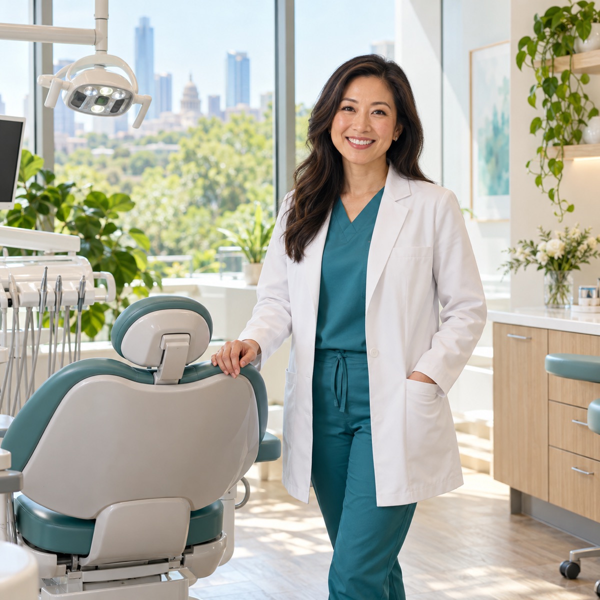 Dr. Maya Chen, smiling in a white coat and teal scrubs, standing beside a dental chair in a bright Oakline treatment room with a view of the Austin skyline