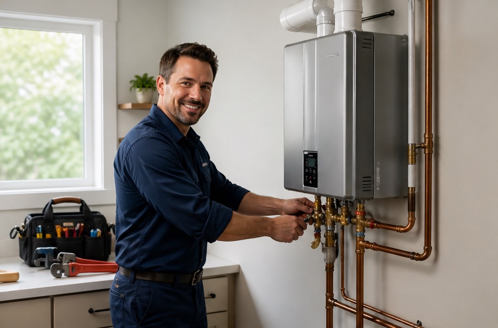 A Brennan & Sons technician in a navy uniform smiling while connecting copper lines to a new tankless water heater in a bright utility room