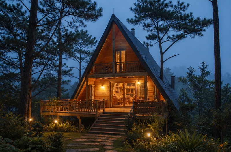 Bungalow Thông Reo: nhà gỗ mái chữ A giữa rừng thông lúc chập tối