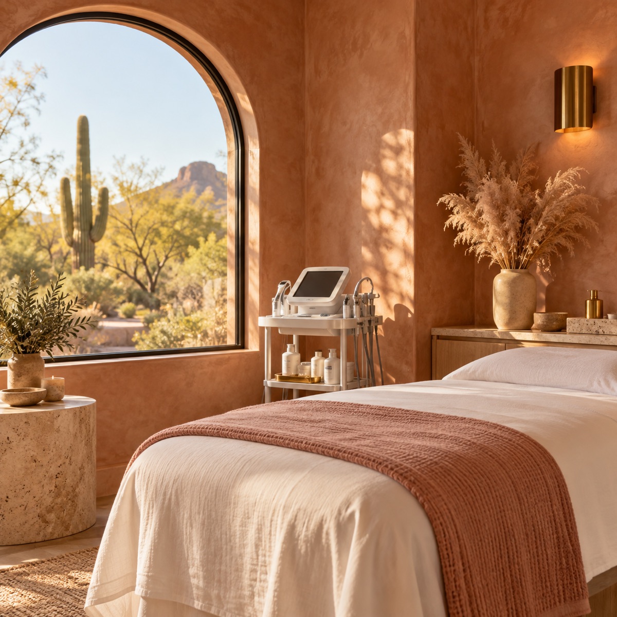 A sunlit Dusk & Dew treatment room with rose-clay walls, a treatment bed with a rose throw, a facial device and an arched window onto saguaros and desert hills