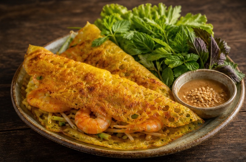 Bánh xèo tôm nhảy vỏ giòn vàng, rau sống và chén nước lèo