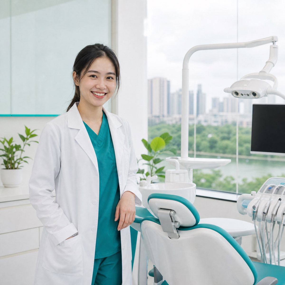 Bác sĩ của Nha khoa Bạch Lam mỉm cười cạnh ghế nha khoa trắng xanh trong phòng khám sáng sủa