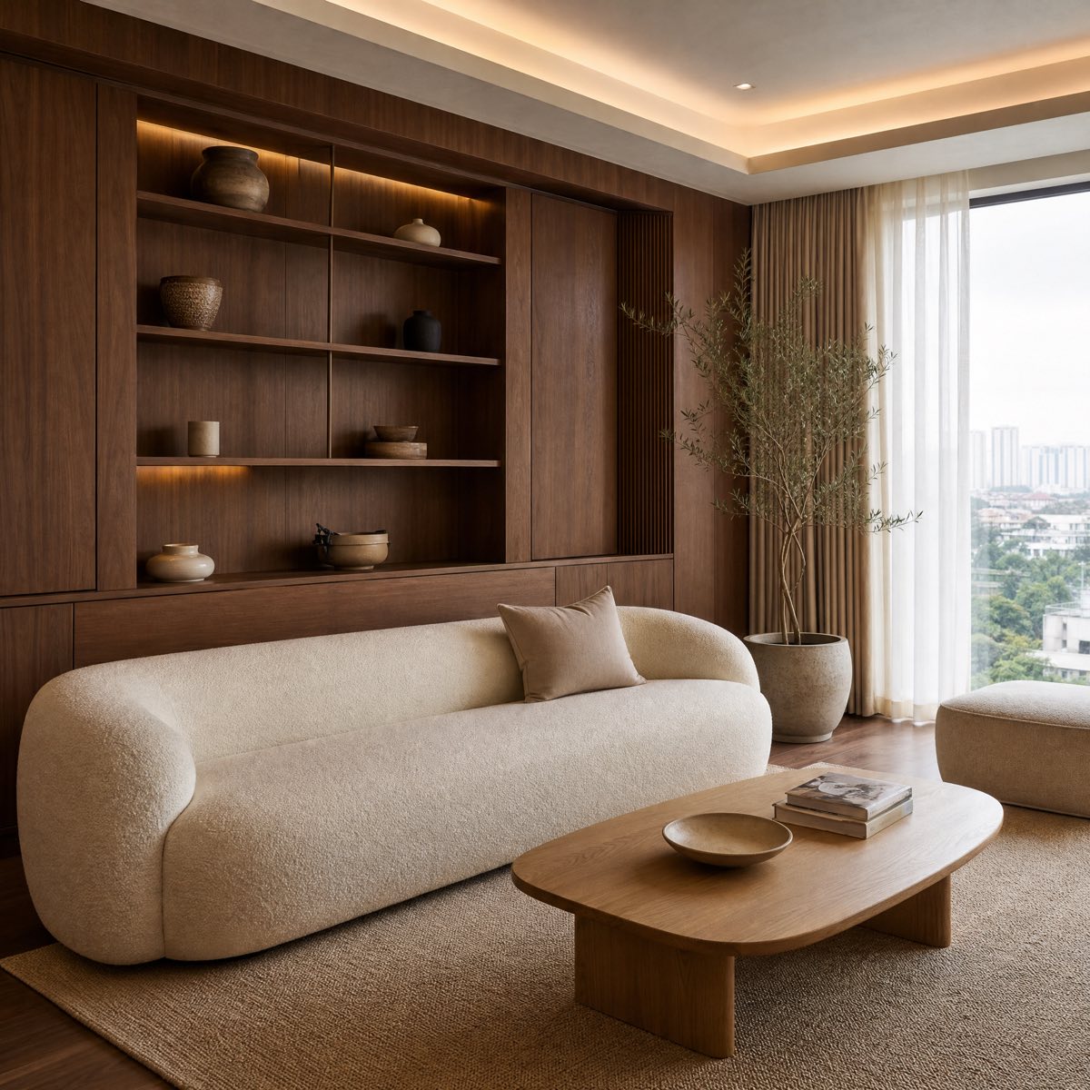 Phòng khách căn hộ do An Mộc thiết kế: tủ kệ gỗ óc chó, sofa vải bouclé màu kem, bàn trà gỗ sồi