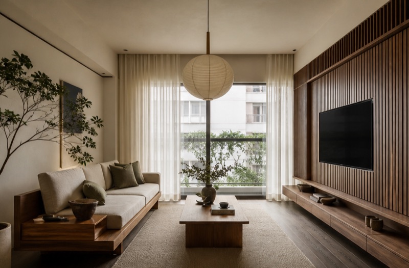 Phòng khách căn hộ 72 m² phong cách Japandi, vách tivi gỗ óc chó soi rãnh