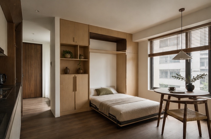 Căn studio 38 m² với giường gấp âm tường trong hệ tủ gỗ sồi