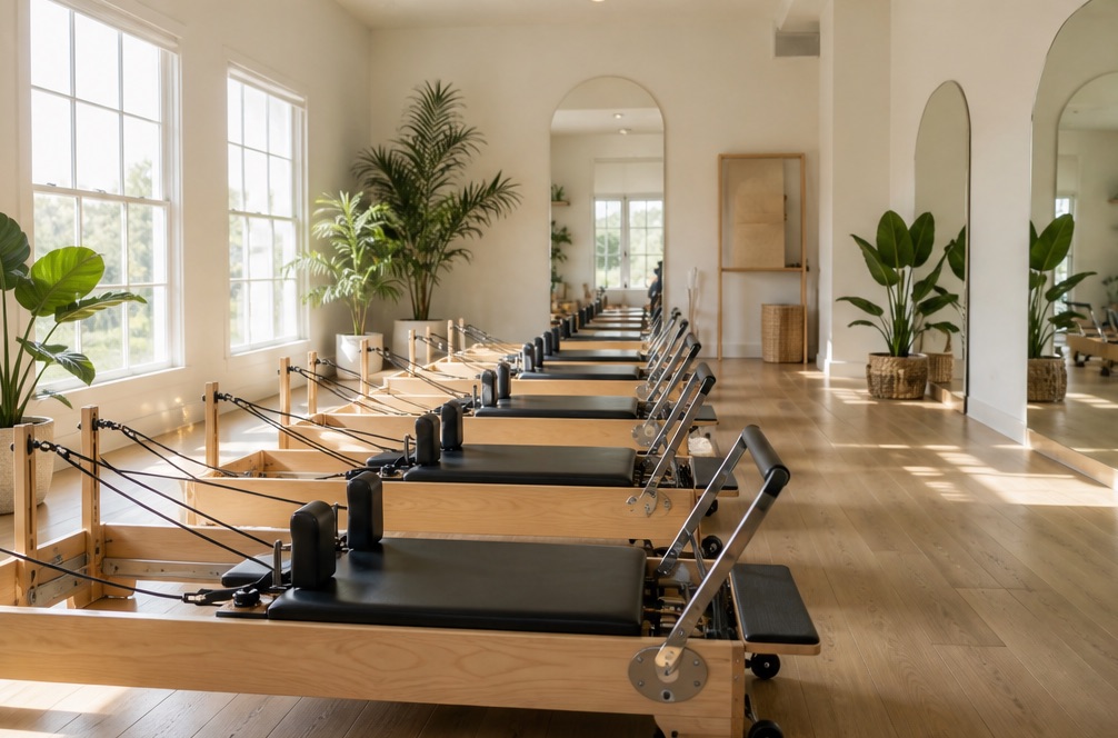 The Arch & Oak studio: a row of light-oak reformer machines on a wooden floor, tall arched mirrors, potted palms and afternoon sun through the windows