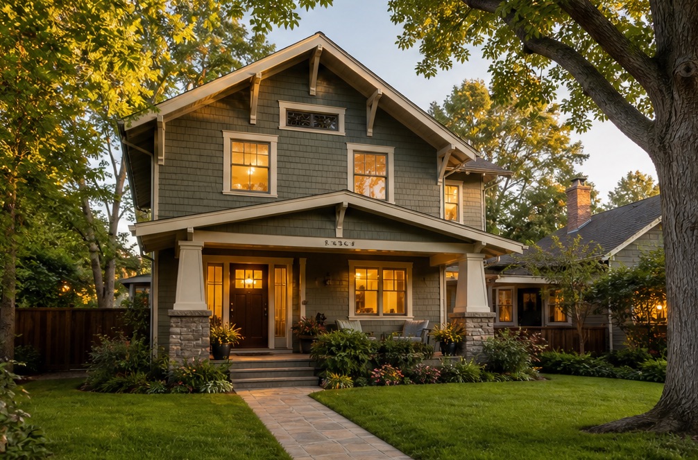 A two-storey craftsman home with sage-green shingle siding, tapered porch columns on stone bases and a lit front porch, set behind a lawn and mature trees at golden hour