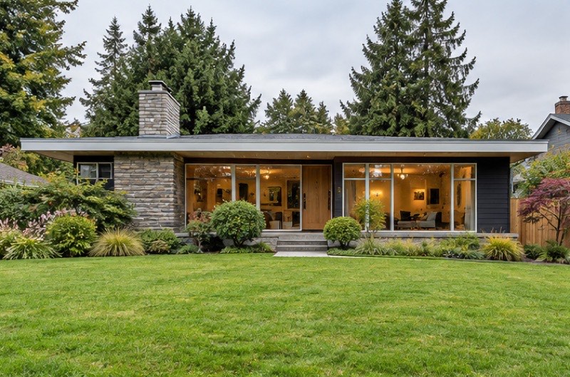 1958 mid-century rambler in Columbia City with big picture windows and a large level lawn