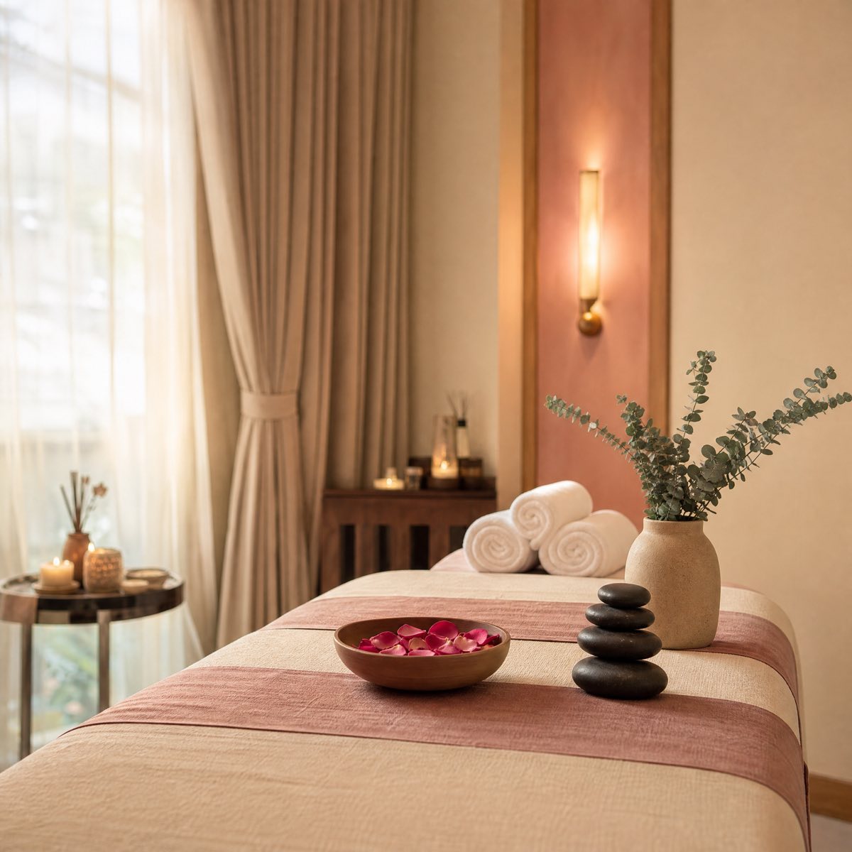 Phòng trị liệu của Sương Mai Spa: giường massage phủ khăn lanh màu kem, bát cánh hồng, đá nóng và nhành bạch đàn dưới nắng chiều