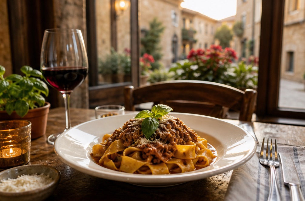 A plate of hand-cut pappardelle with slow-cooked meat ragù, Parmigiano and basil on a rustic table by a window, beside a glass of red wine and a candle